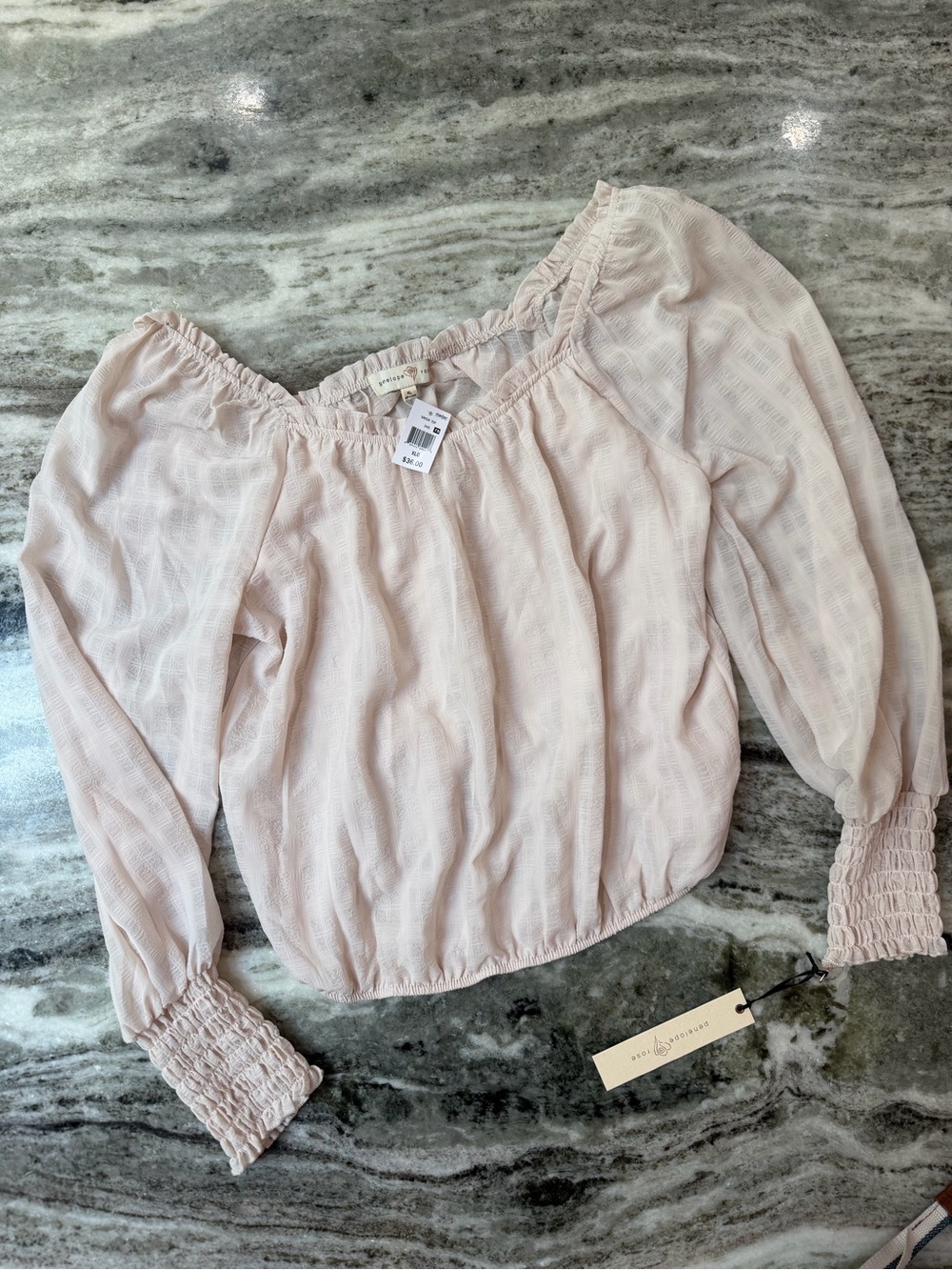NWT Off-Shoulder Light Beige Smocked Cuff Blouse Top
XL